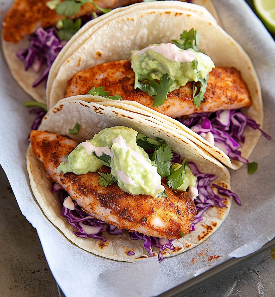 Crispy Chipotle Trout Tacos with Lime Crema & Guacamole
