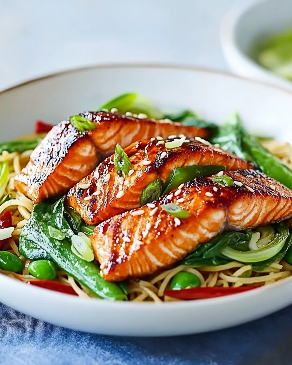 Soy-Glazed Crispy Salmon over Aromatic Stir-Fried Noodles and Greens