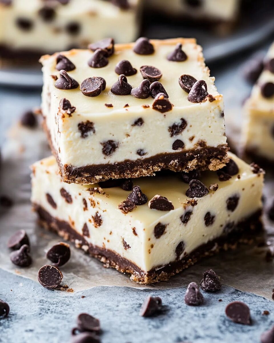 Creamy Cheesecake Bars with a Chocolate Chip Cookie Crust