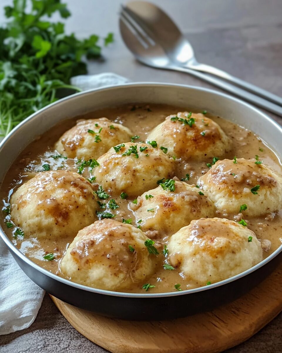 Savory Apple Sausage Gravy with Fluffy Cider Dumplings