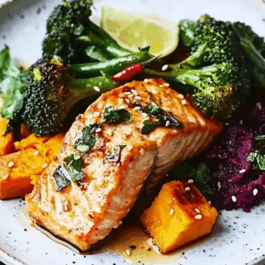 Pan-Seared Sesame-Crusted Salmon with Tender Purple Sprouting Broccoli and Creamy Sweet Potato Mash