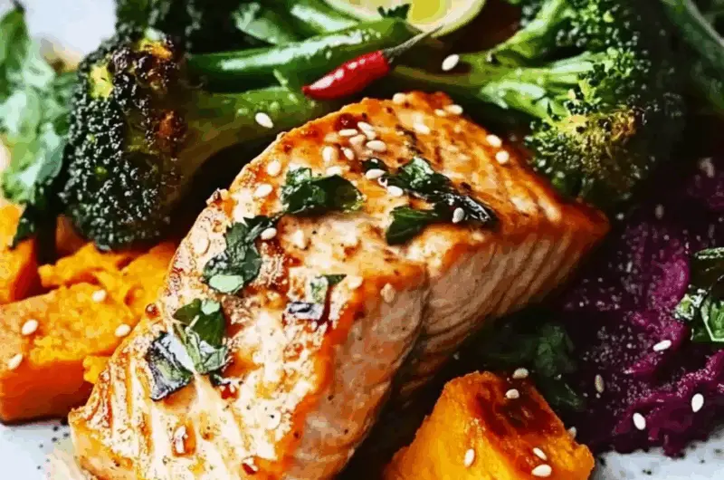 Pan-Seared Sesame-Crusted Salmon with Tender Purple Sprouting Broccoli and Creamy Sweet Potato Mash