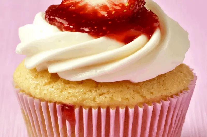 Fluffy Strawberry Shortcake Cupcakes with Fresh Cream and Jam