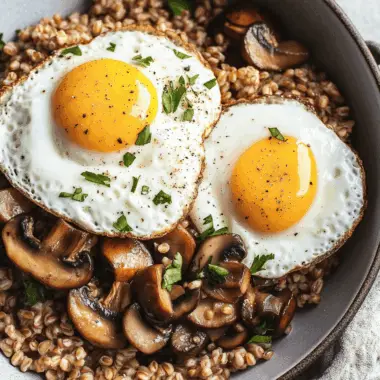 Hearty Farro Grain Bowl with Sautéed Mushrooms and Fried Eggs