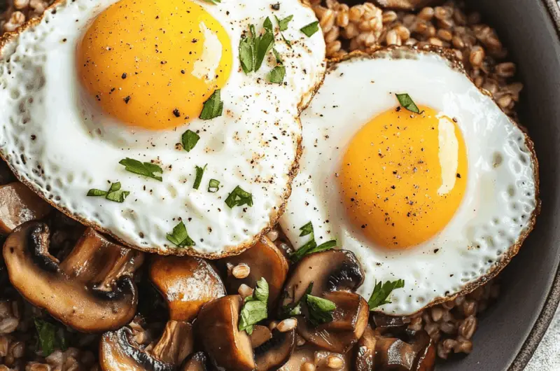 Hearty Farro Grain Bowl with Sautéed Mushrooms and Fried Eggs