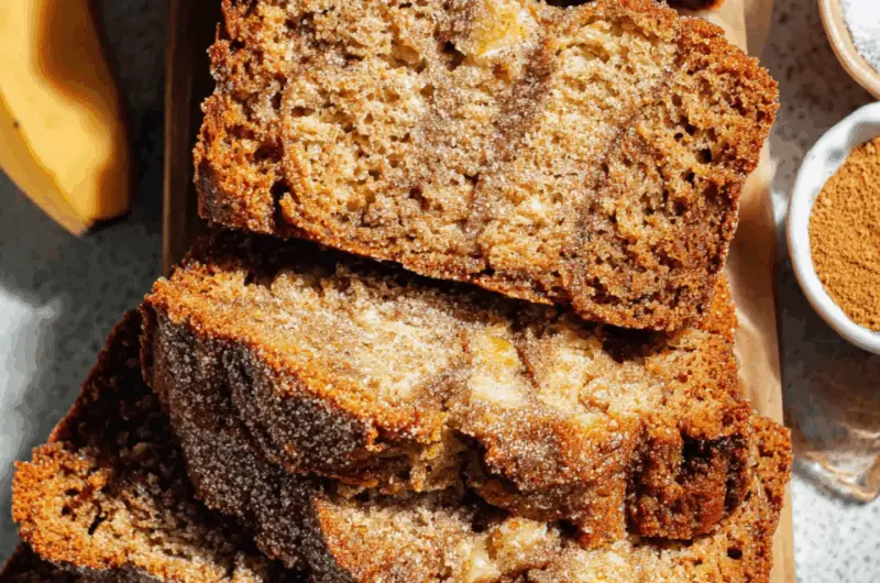 Moist Cinnamon Swirl Banana Bread with Crispy Sugar Crust