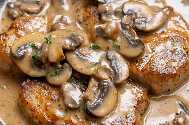 Juicy Pork Chops Bathed in Creamy Garlic Mushroom Gravy