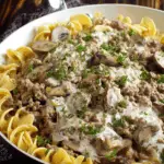 Creamy Ground Beef Stroganoff Over Egg Noodles