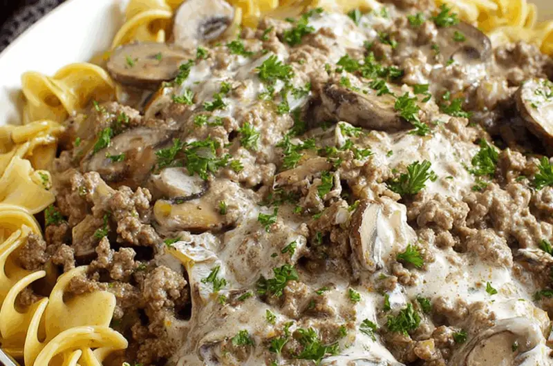 Creamy Ground Beef Stroganoff Over Egg Noodles