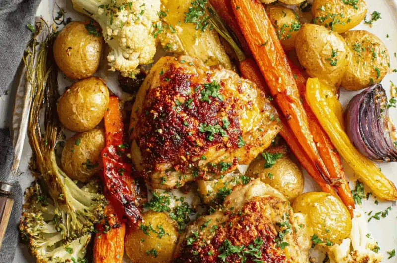 Spicy Harissa Chicken with Roasted Vegetables on a Sheet Pan