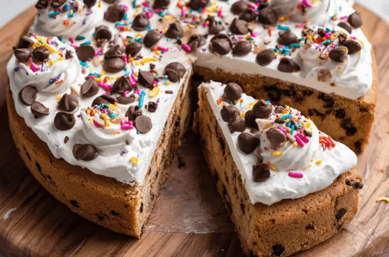 Giant Bakery-Style Chocolate Chip Cookie Cake with Fudgy Frosting