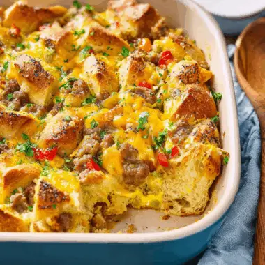 Savory Morning Bagel Bake with Sausage and Cheddar