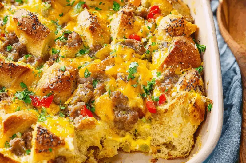Savory Morning Bagel Bake with Sausage and Cheddar