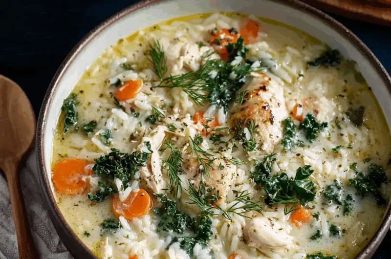 Greek Avgolemono: Creamy Lemon Chicken Soup with Rice & Kale