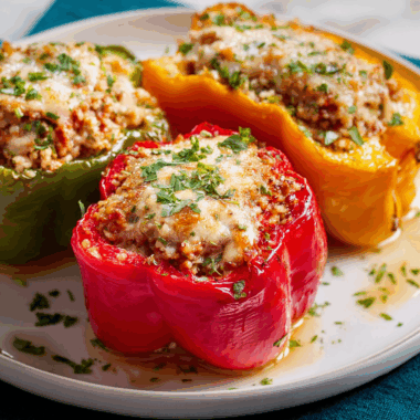 Hearty Baked Bell Peppers with Savory Beef, Sausage, and Rice Filling