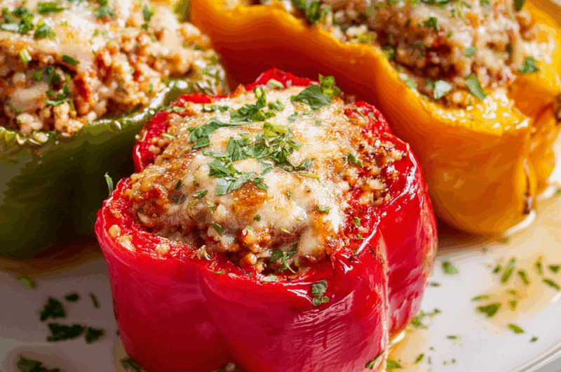 Hearty Baked Bell Peppers with Savory Beef, Sausage, and Rice Filling