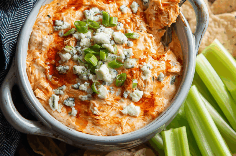 Spicy Buffalo Chicken Dip with Creamy Cheddar & Blue Cheese Crumble