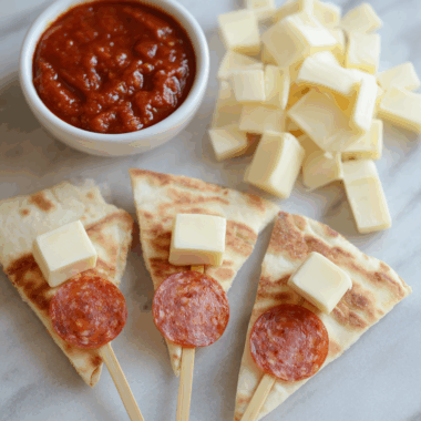 Skewered Pizza Dippers with Greek Flatbread Wedges