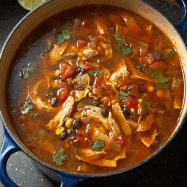 Hearty Chicken Tortilla Soup with Crispy Corn Strips