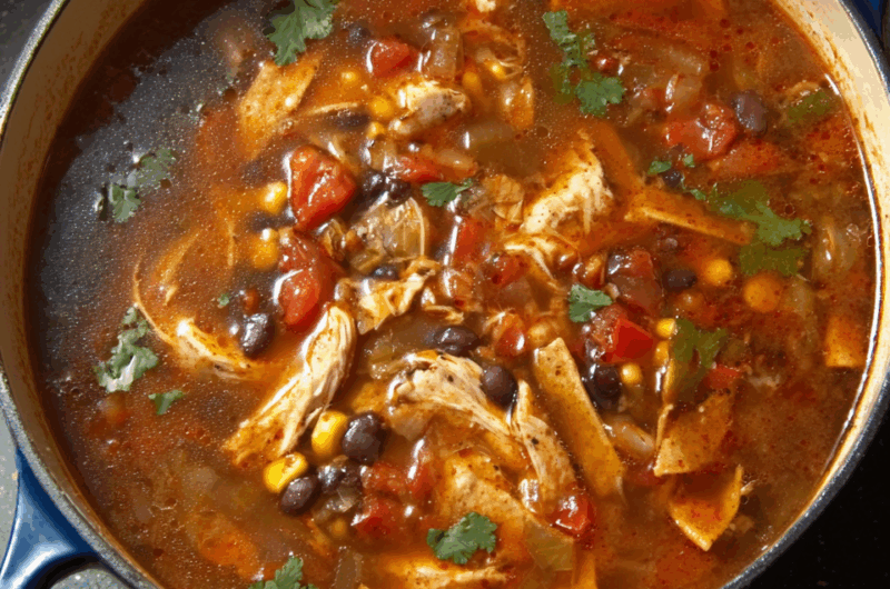 Hearty Chicken Tortilla Soup with Crispy Corn Strips