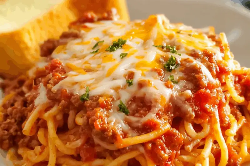 Classic Comforting Baked Spaghetti with Tomato Sauce and Cheese