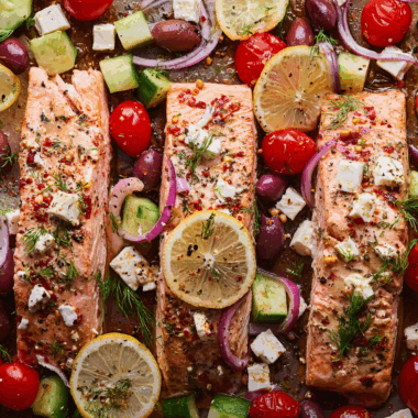 Mediterranean-Inspired Baked Salmon with Lemon, Dill & Marinated Feta Crumble