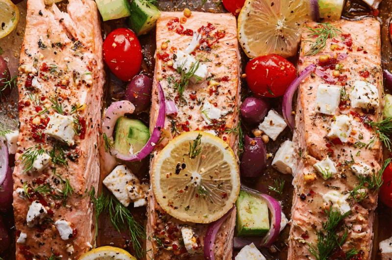 Mediterranean-Inspired Baked Salmon with Lemon, Dill & Marinated Feta Crumble