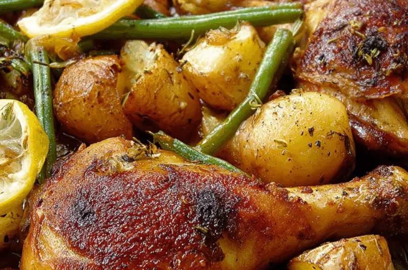 One-Pan Greek Lemon Chicken with Crispy Potatoes and Tender Green Beans