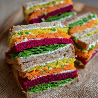 Colorful Veggie Rainbow Sandwich with Creamy Cheese Spread