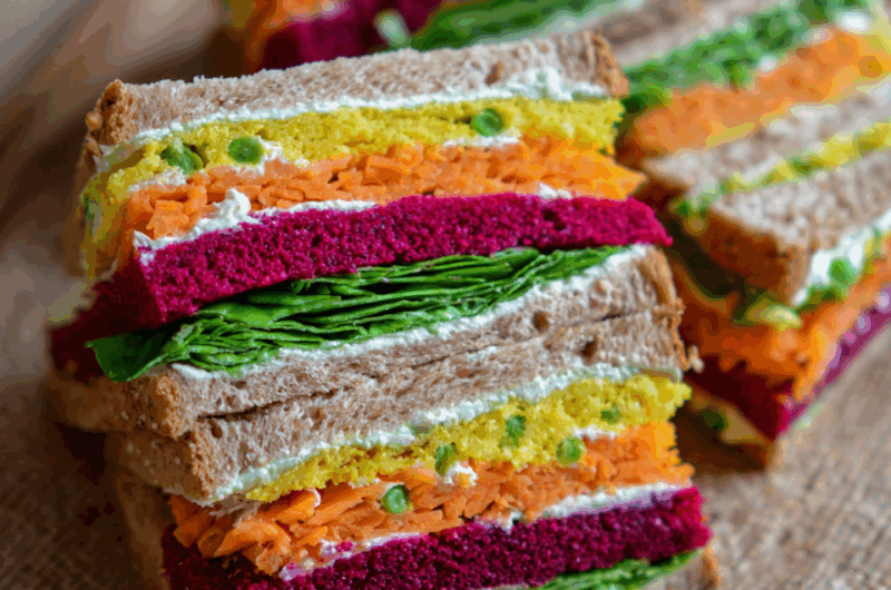 Colorful Veggie Rainbow Sandwich with Creamy Cheese Spread