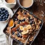 Warm Spiced Blueberry Baked Oatmeal with Toasted Coconut & Pecans