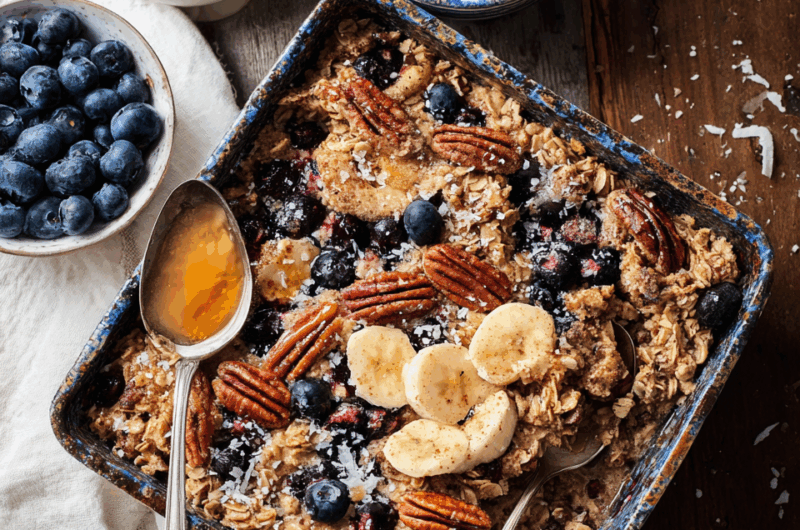 Warm Spiced Blueberry Baked Oatmeal with Toasted Coconut & Pecans