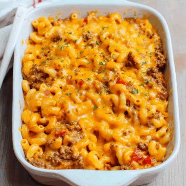 Classic Cheeseburger Mac Bake with Creamy Cheddar Topping