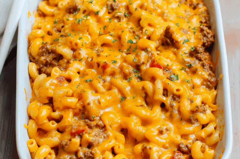 Classic Cheeseburger Mac Bake with Creamy Cheddar Topping