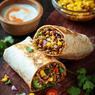 Smoky Lentil Burritos with Chipotle Sauce and Corn Salsa