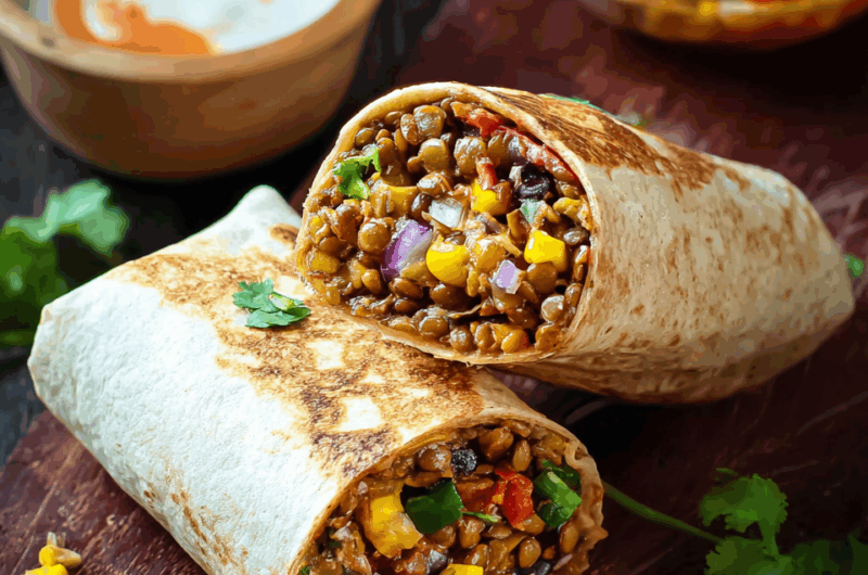 Smoky Lentil Burritos with Chipotle Sauce and Corn Salsa