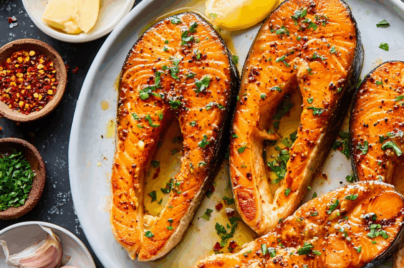 Pan-Seared Salmon Steak with Fresh Lemon-Dill Butter Sauce