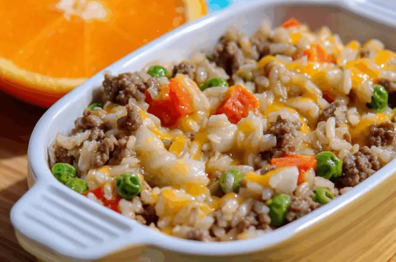 Cheesy Ground Beef and Brown Rice Bake