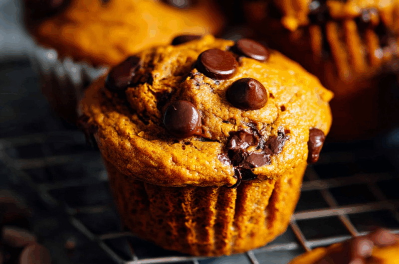 Soft-Baked Pumpkin Chocolate Chip Muffins with Bakery-Style Muffin Tops