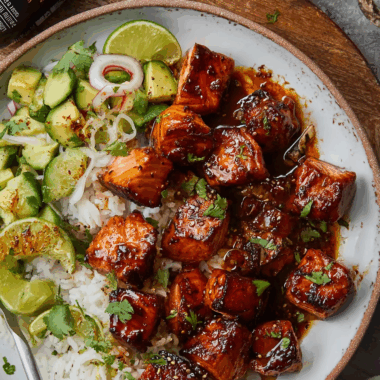 Sweet & Spicy Blackened Salmon Cubes with Zesty Cucumber-Avocado Salad