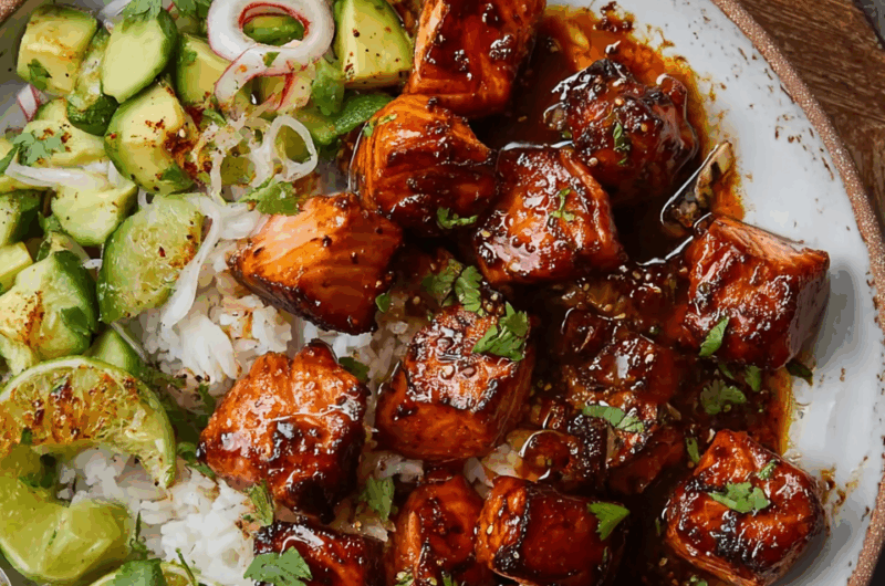 Sweet & Spicy Blackened Salmon Cubes with Zesty Cucumber-Avocado Salad