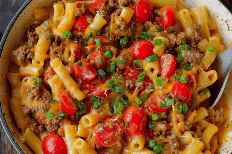 Cheesy Beef Skillet Pasta with Burger Flavors
