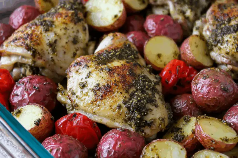 Pesto Chicken Thighs with Crispy Roasted Potatoes