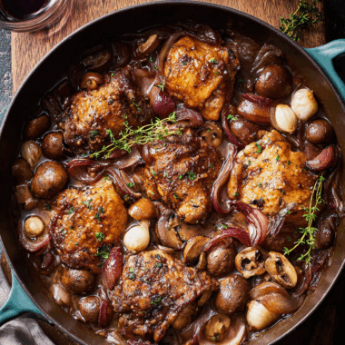 Rustic French Chicken Braised in Red Wine and Bacon