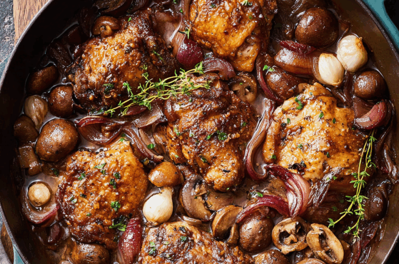 Rustic French Chicken Braised in Red Wine and Bacon