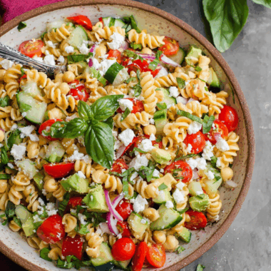 Creamy Chickpea Pasta Salad with Feta and Summer Veggies