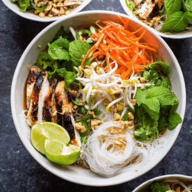 Chilled Vietnamese Bún Gà with Herbs, Veggies & Caramelized Chicken