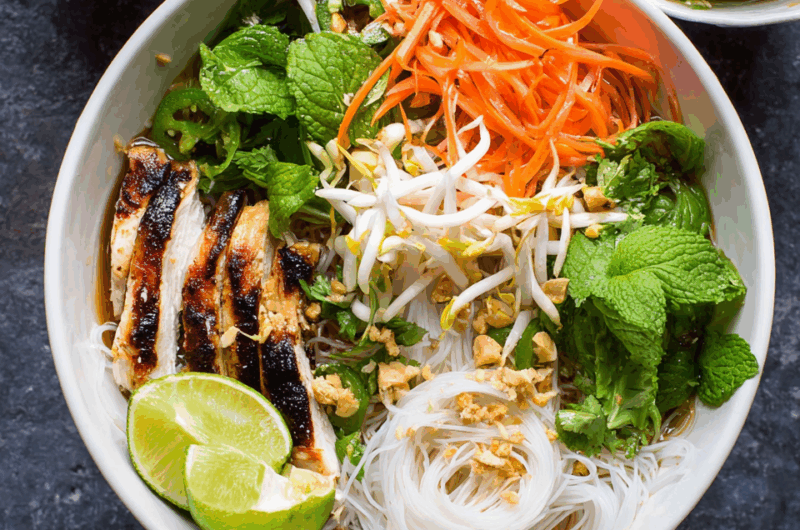 Chilled Vietnamese Bún Gà with Herbs, Veggies & Caramelized Chicken
