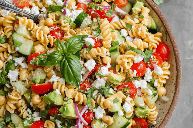 Creamy Chickpea Pasta Salad with Feta and Summer Veggies