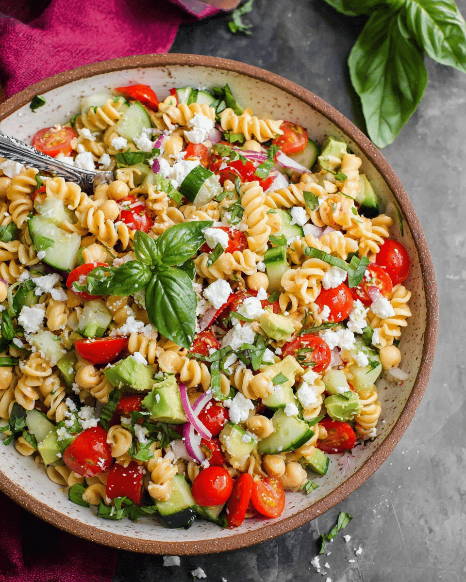 Creamy Chickpea Pasta Salad with Feta and Summer Veggies